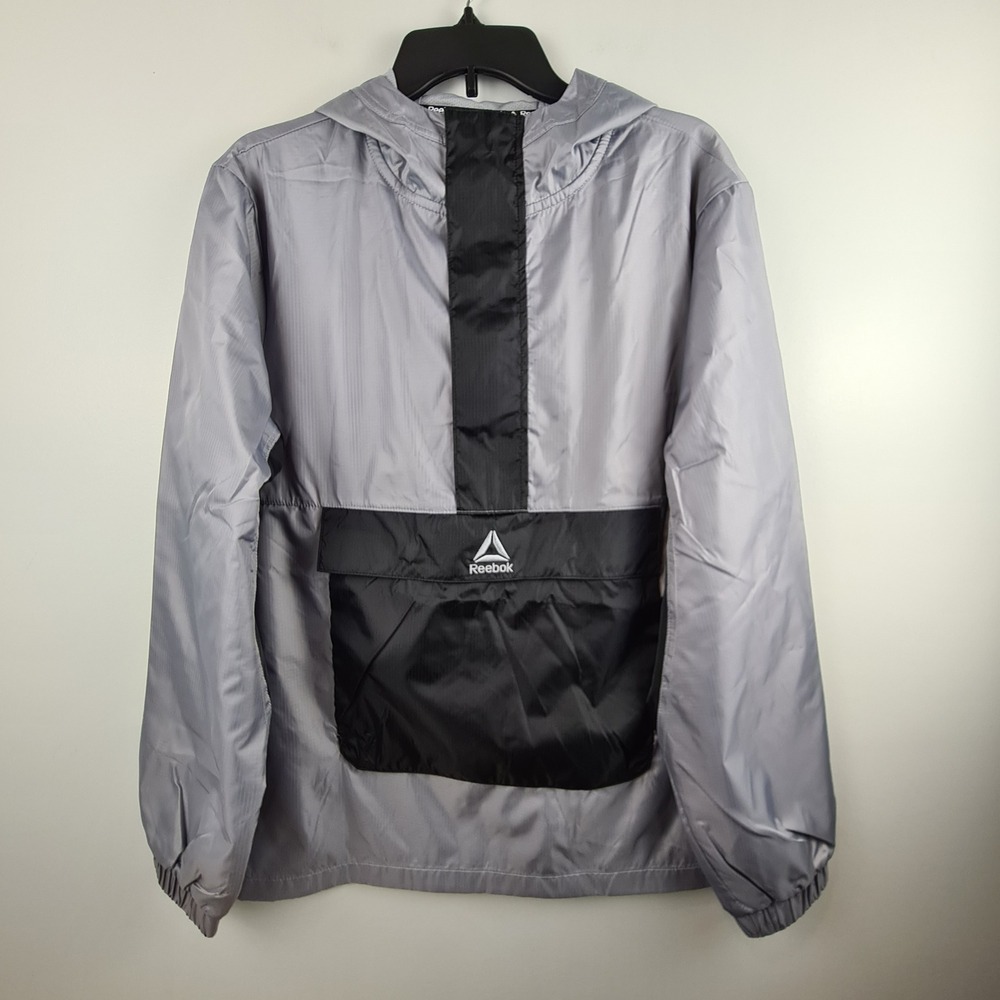 Reebok Striker Woven Anorak Mens Medium Gray Black Ripstop Windbreaker  Jacket